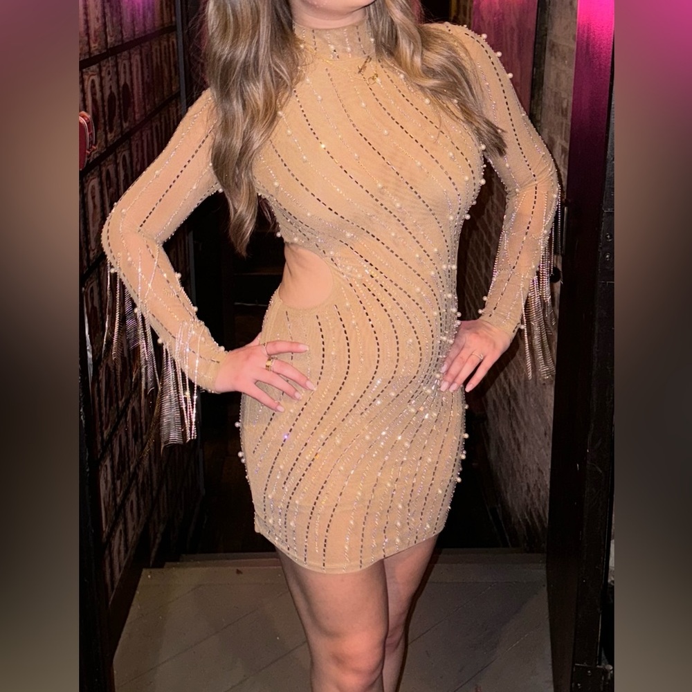 Elegant Tan Beaded Dress